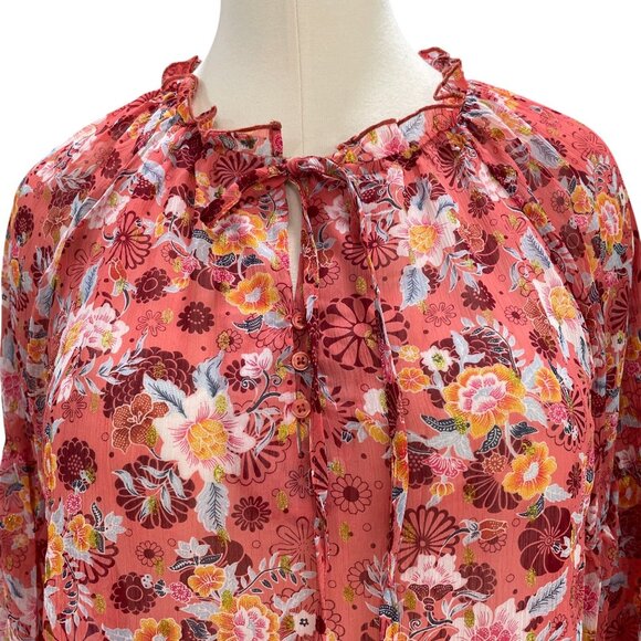 A Love Story Coral Floral Glitter Blouse Ruffle Neck 2X Boho Romantic NWT - Picture 4 of 9